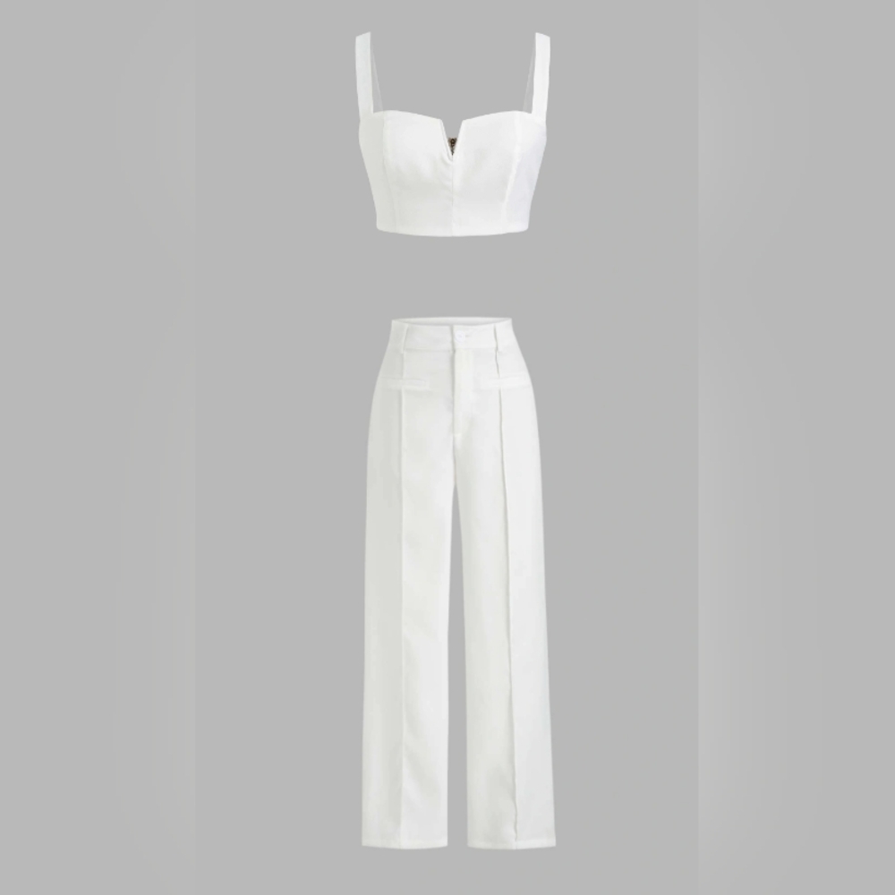(2 pieces) Solid V-Wire Crop Tank Top & Solid Stitch Straight Leg Trousers
